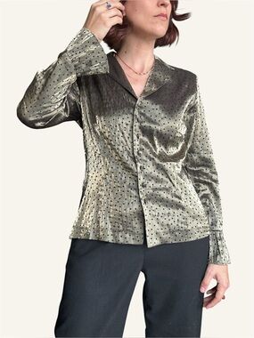 Vintage Laura Iridescent Metallic Polka Dot Blouse - Green Gold - Sz 8
